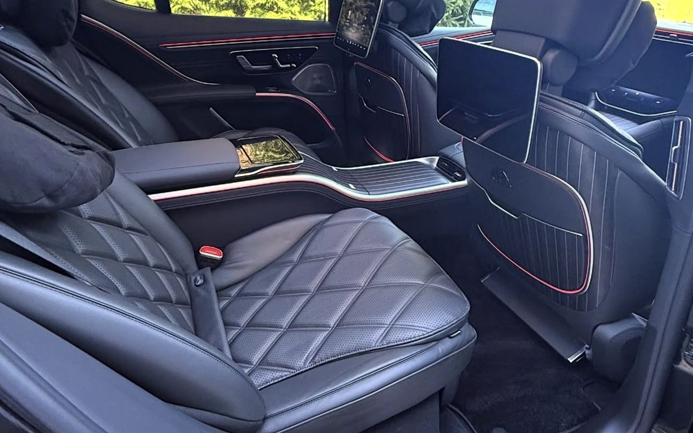 Maybach rear cabin with quilted black leather and ambient lighting, cleaned and dressed