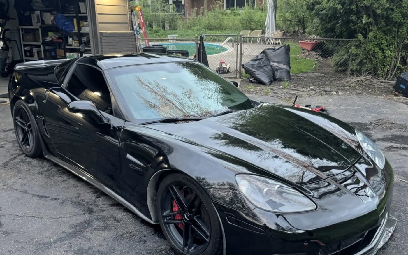 Black Corvette Z06 after detailing, branches mirrored in the bonnet and roof